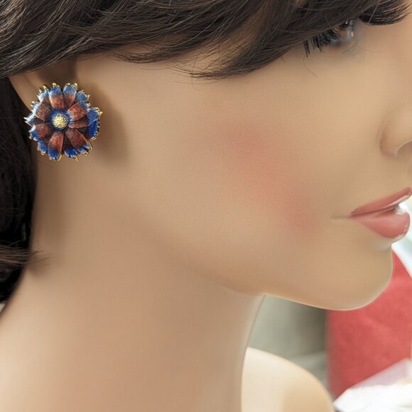 1980s Enamel Flower Pierced Post Earrings Purple Blue Glam Diva Artsy Gold Plt - Picture 1 of 9